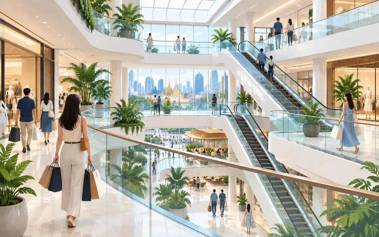 Illustration of a modern multi-level shopping mall atrium with shoppers holding bags