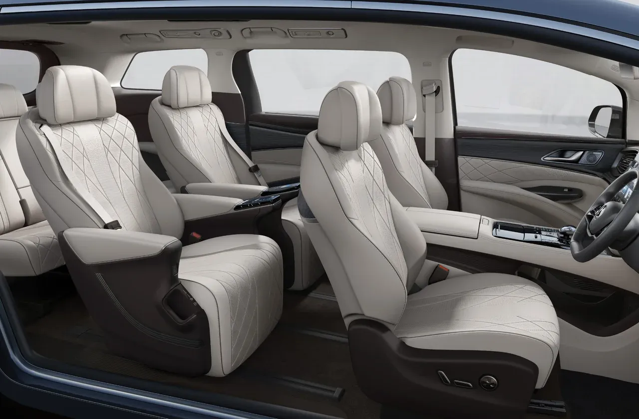 Image of the DENZA D9 passenger cabin with dark seats and legroom