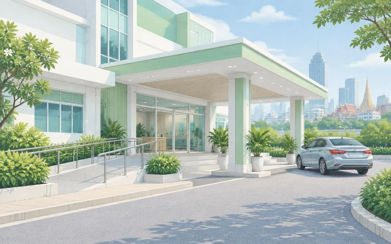 Illustration of a low-rise clinic building with a covered drop-off and a passenger car at the entrance