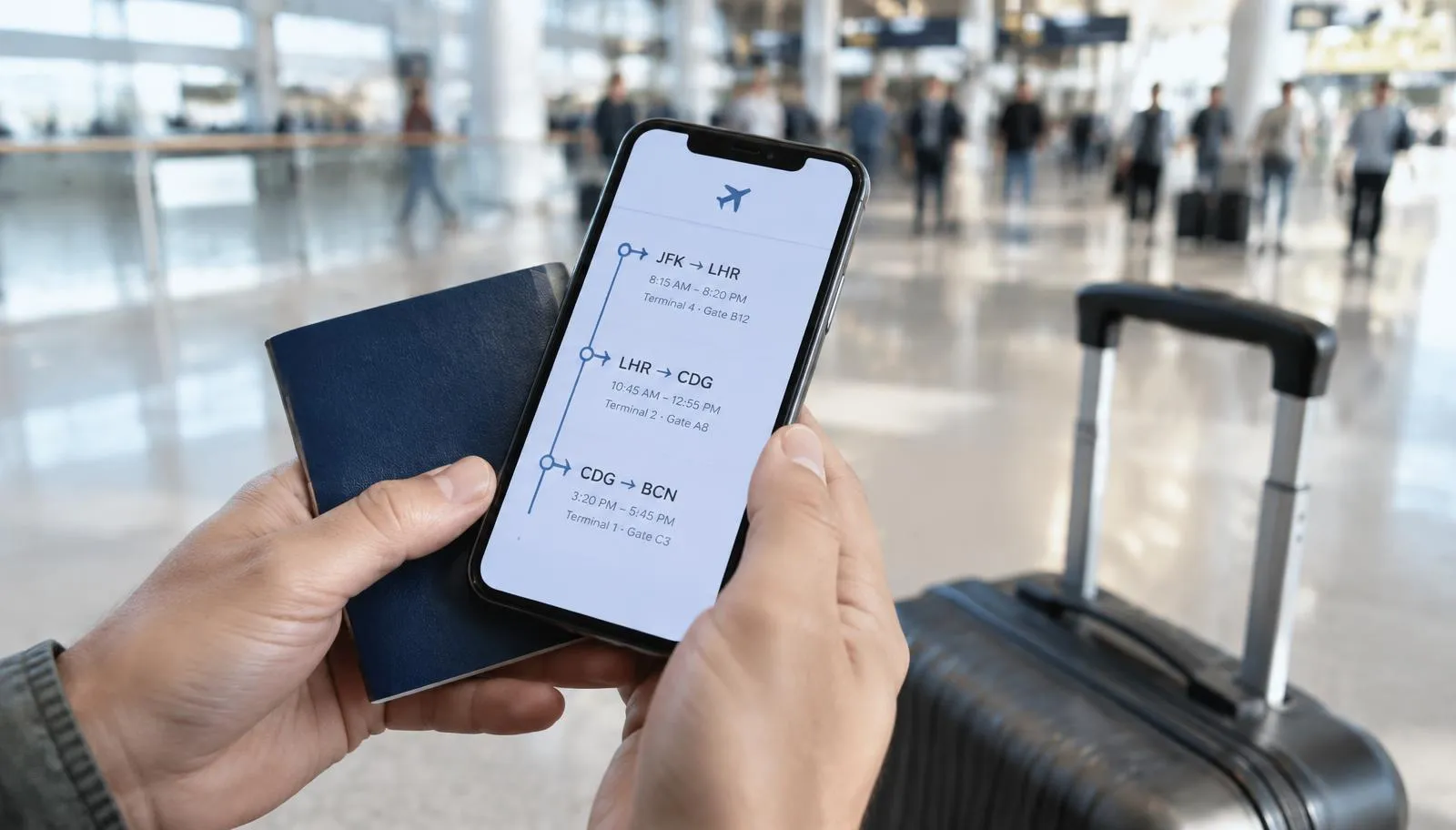 Illustration of a traveler planning an airport arrival with luggage and a flight board