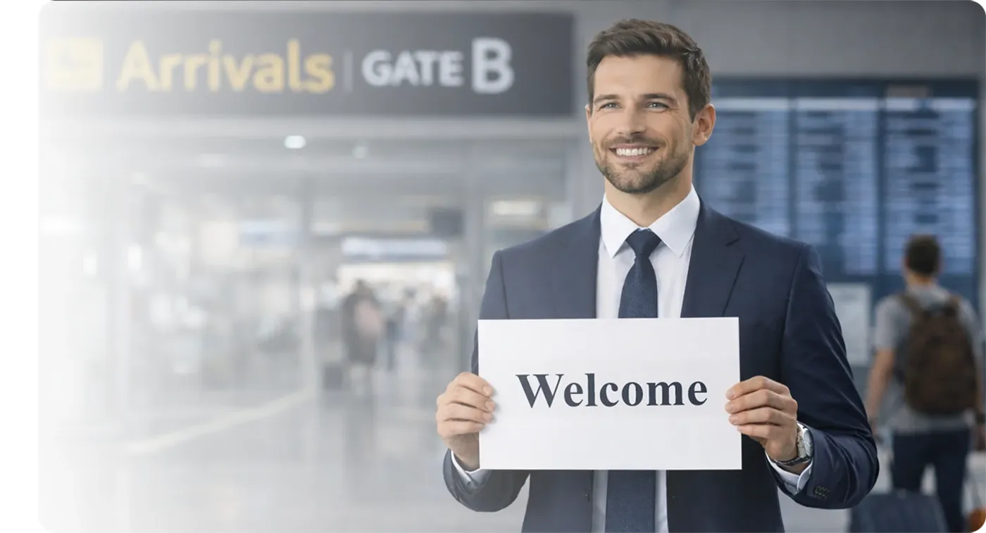Illustration of an airport arrivals hall with a welcome sign